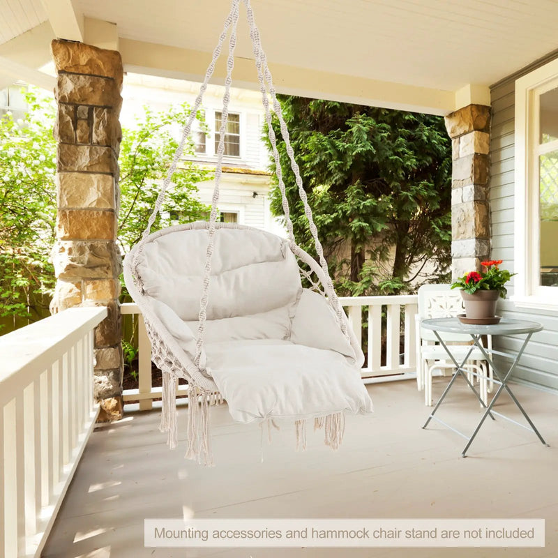 Hammock Chair with Thick Cushion & Macrame Holds up to 330 LBS-Beige by DirectDeals