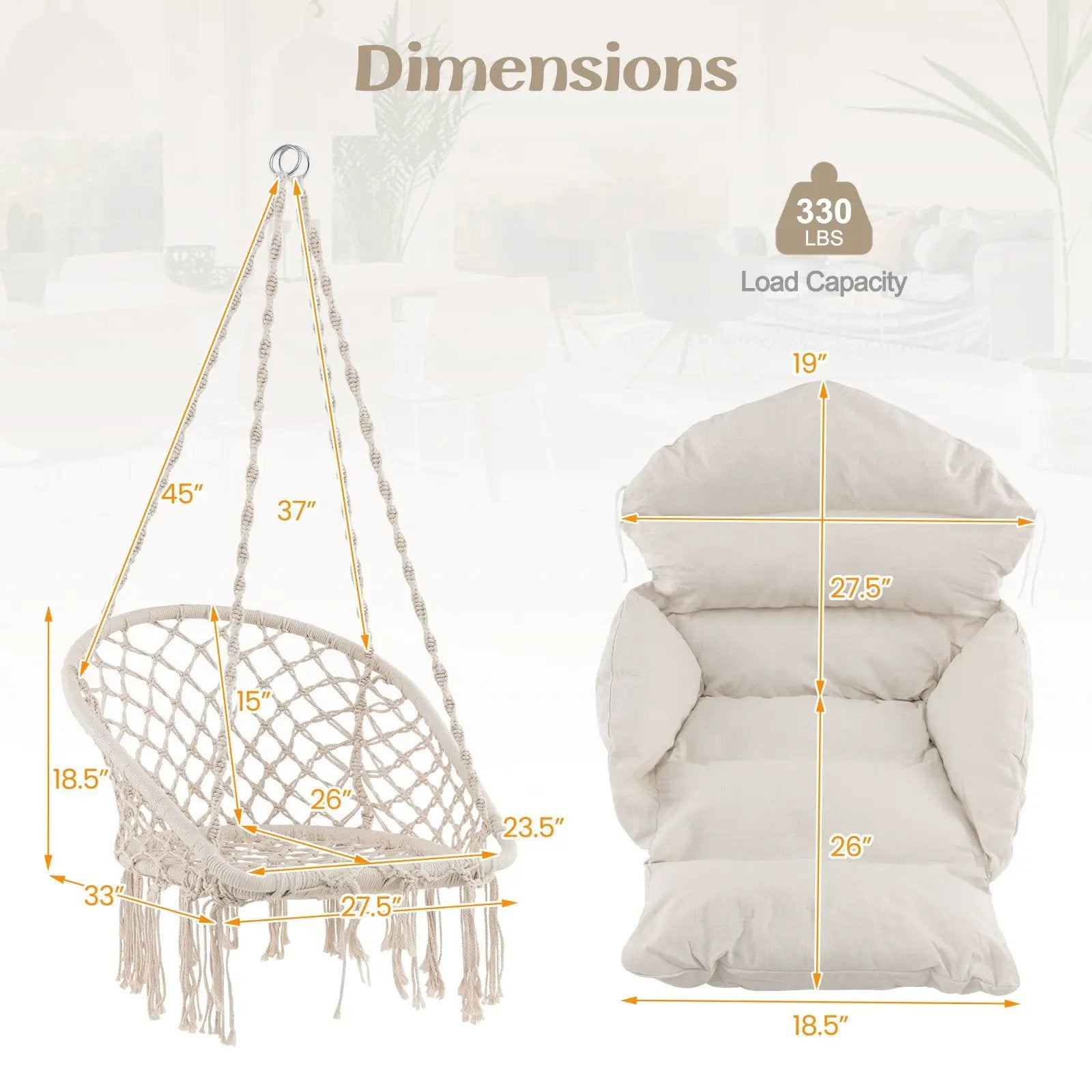 Hammock Chair with Thick Cushion & Macrame Holds up to 330 LBS-Beige by DirectDeals