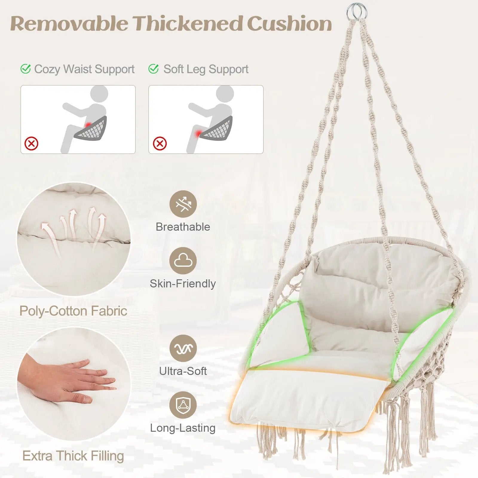 Hammock Chair with Thick Cushion & Macrame Holds up to 330 LBS-Beige by DirectDeals