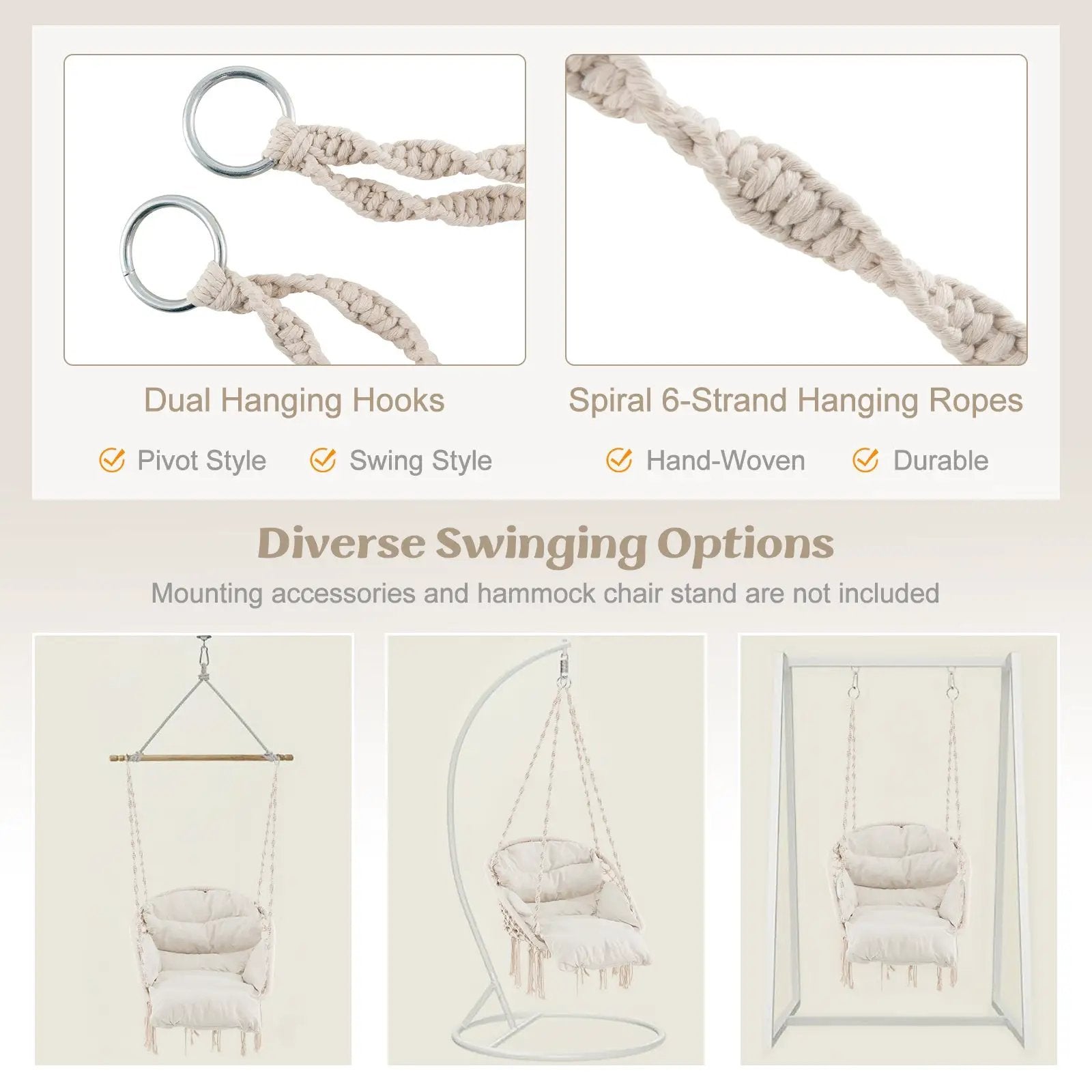 Hammock Chair with Thick Cushion & Macrame Holds up to 330 LBS-Beige by DirectDeals