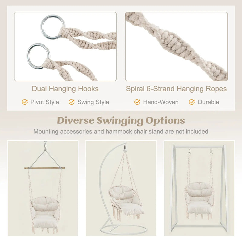 Hammock Chair with Thick Cushion & Macrame Holds up to 330 LBS-Beige by DirectDeals