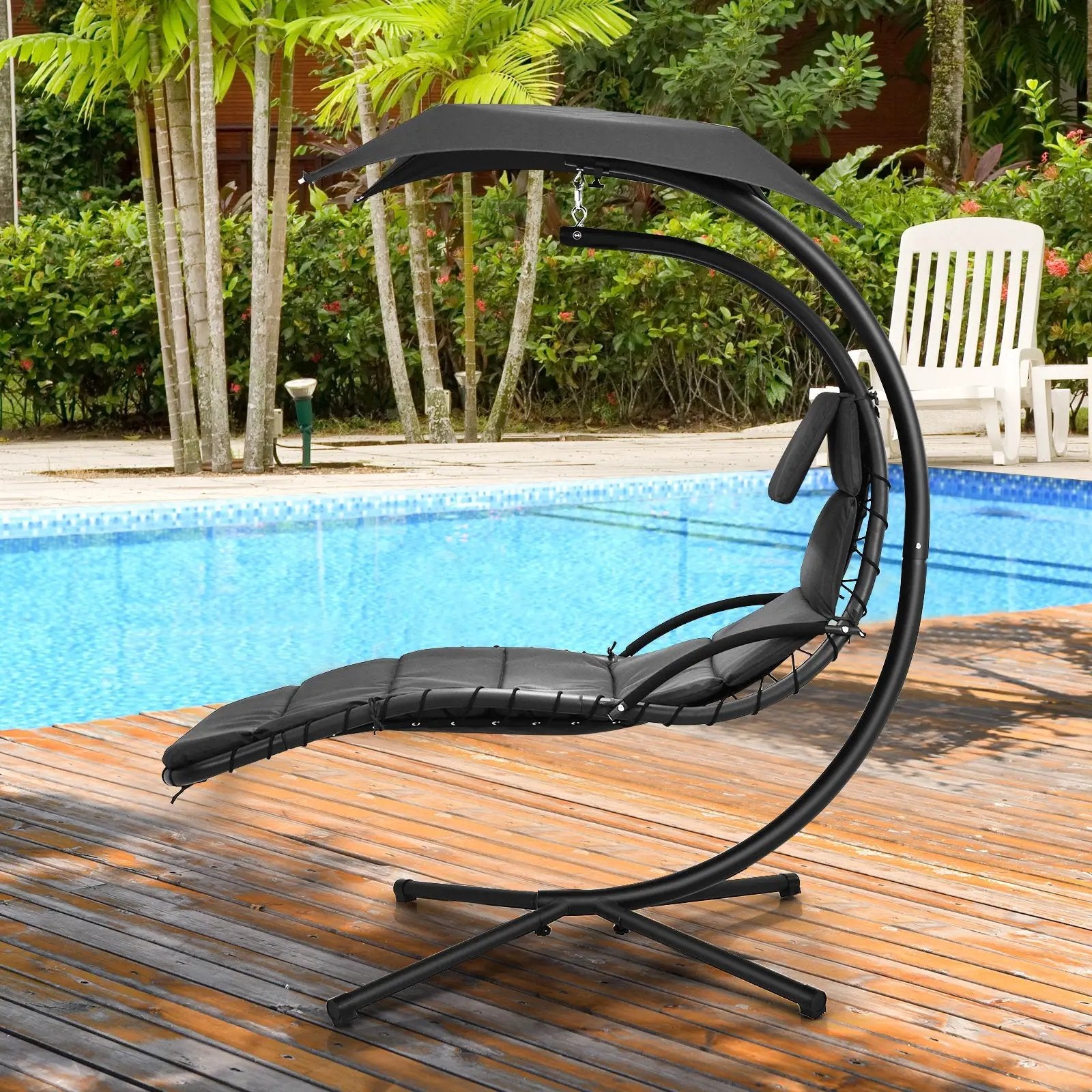 Hanging Curved Steel Swing Chaise Lounger with Removable Canopy by DirectDeals