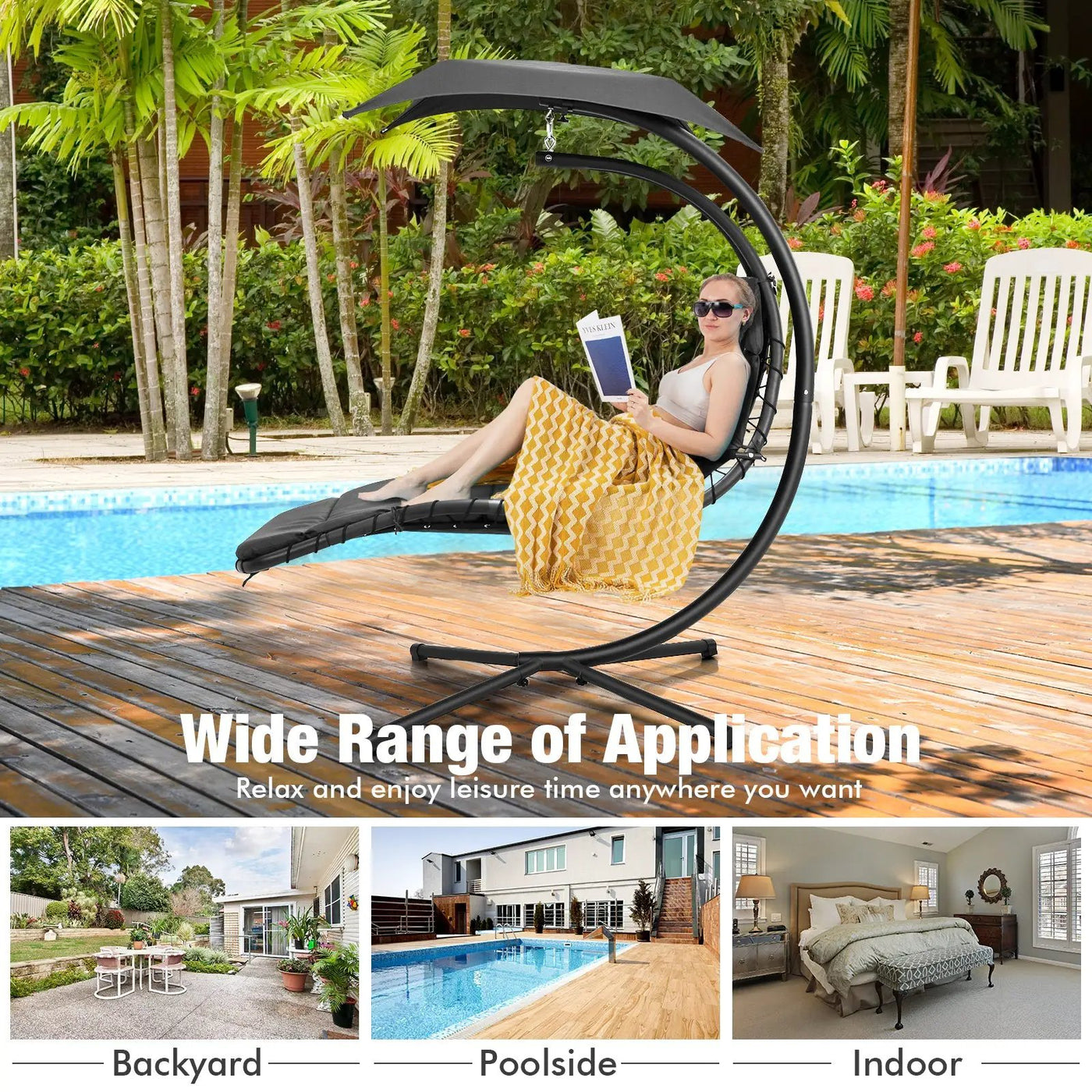 Hanging Curved Steel Swing Chaise Lounger with Removable Canopy by DirectDeals