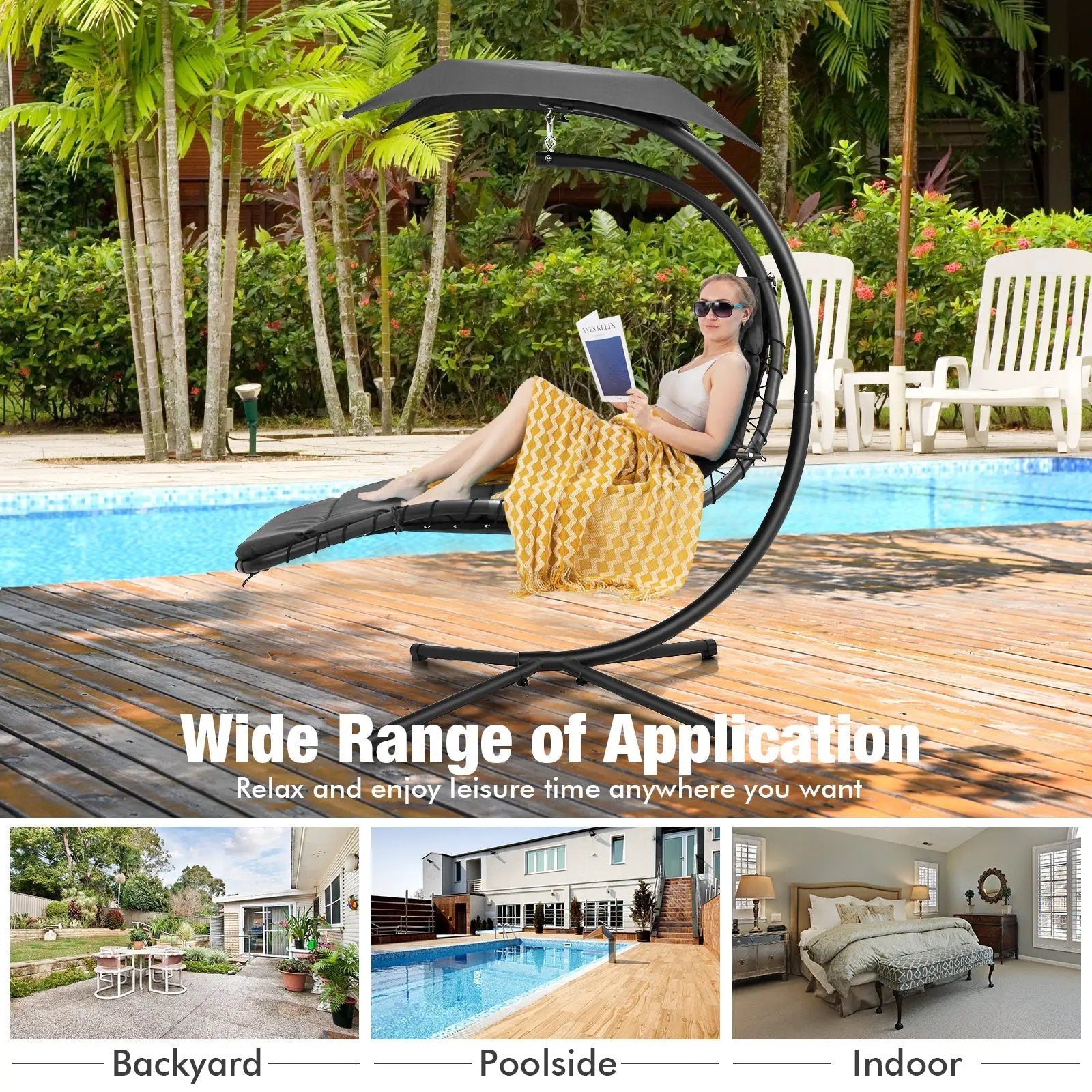 Hanging Curved Steel Swing Chaise Lounger with Removable Canopy by DirectDeals