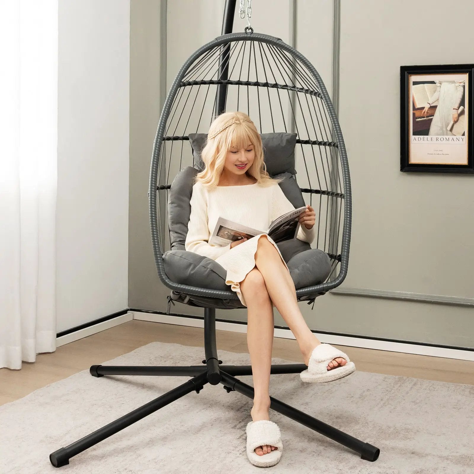 Hanging Egg Chair with Head Pillow and Large Seat Cushion-Gray by DirectDeals