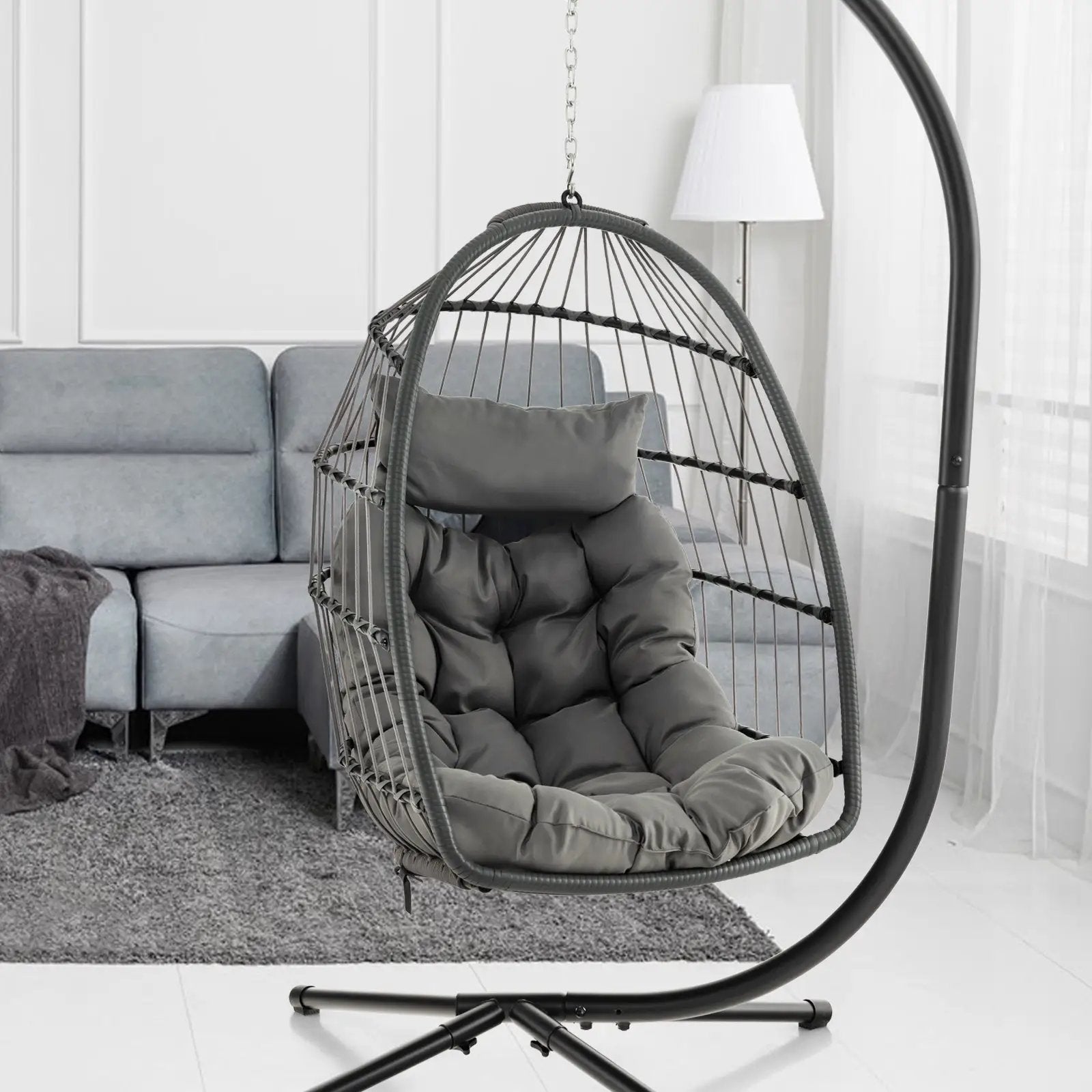 Hanging Egg Chair with Head Pillow and Large Seat Cushion-Gray by DirectDeals