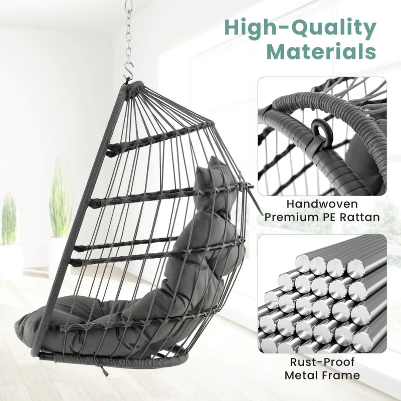 Hanging Egg Chair with Head Pillow and Large Seat Cushion-Gray by DirectDeals