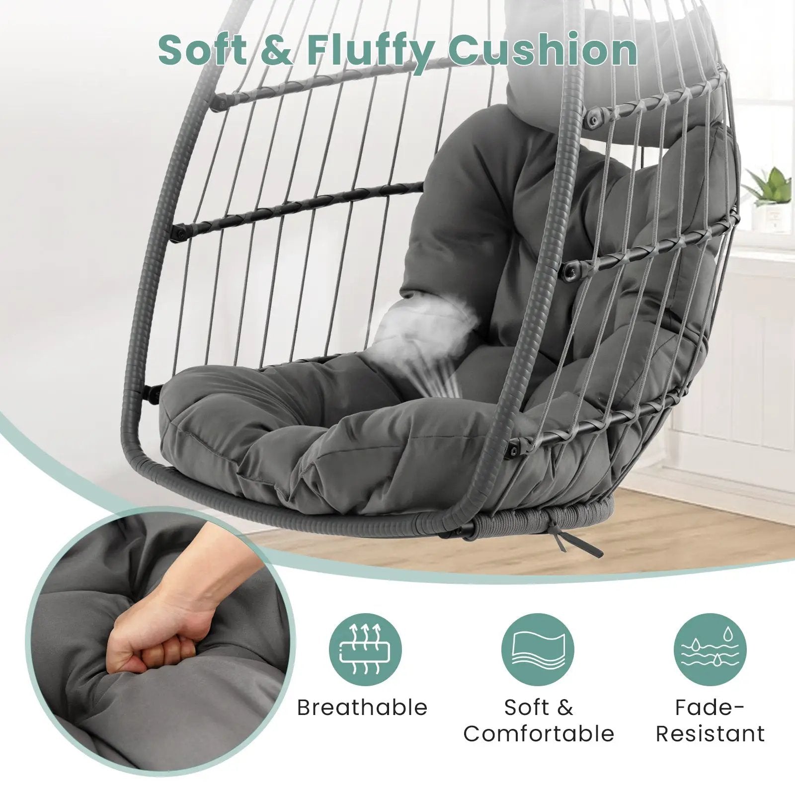 Hanging Egg Chair with Head Pillow and Large Seat Cushion-Gray by DirectDeals
