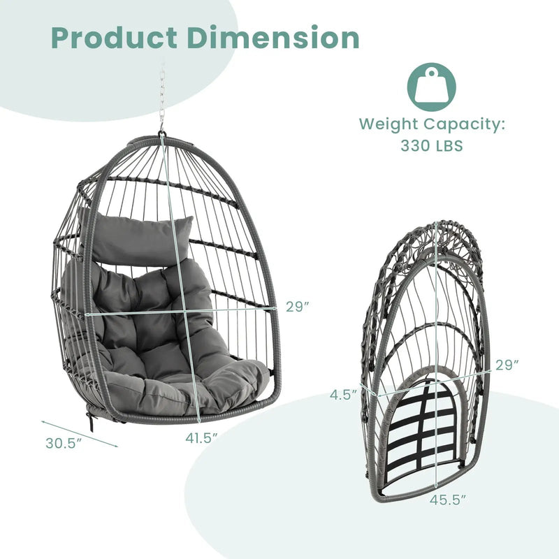 Hanging Egg Chair with Head Pillow and Large Seat Cushion-Gray by DirectDeals