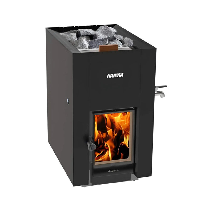Harvia GreenFlame ES 22 Linear 15.7KW Black Wood Sauna Stove With Sauna Stones [WKLI22GESM] (SAK31692) by SAKSBY WHOLESALE