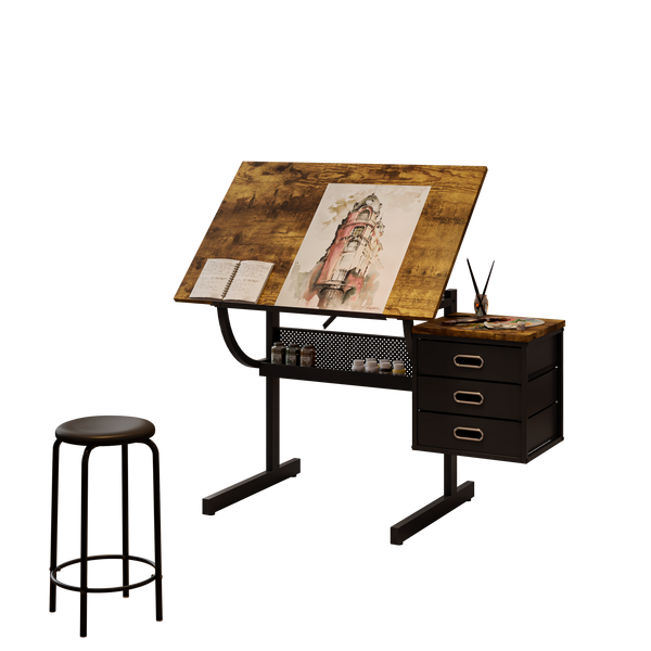 Black drafting drawing table with stool and 3 drawers, dimensions drawing