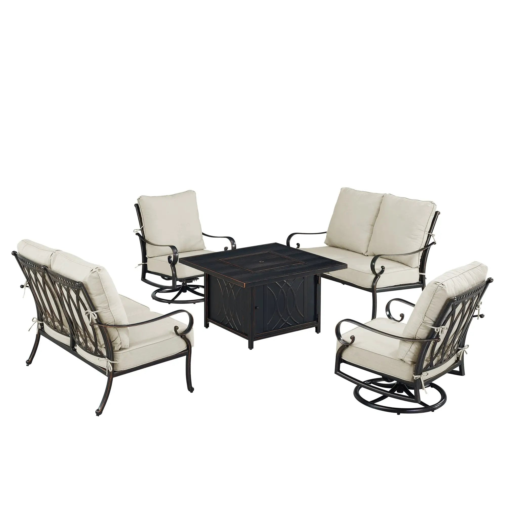 Black Aluminum Fire Table Set with Two Loveseats and Two Club Chairs by Sharicks