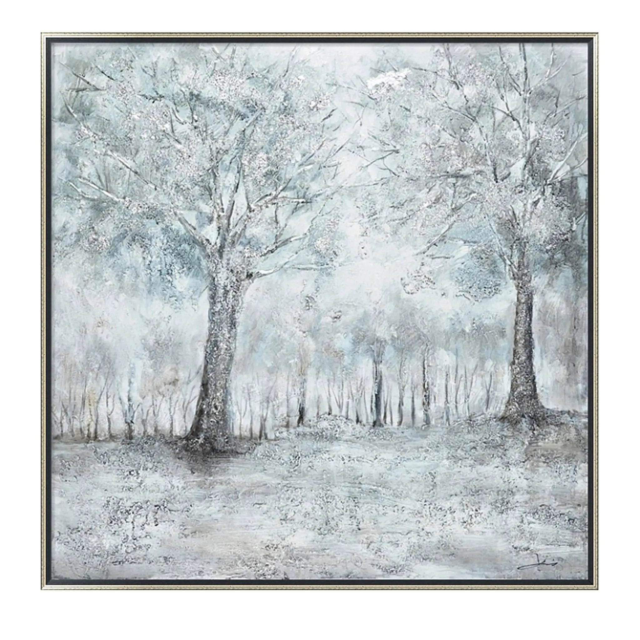 Hand Painted Acrylic Wall Art Snowy Forrest on a 39 x 39 Square Canvas with a Silver Wooden Frame by Sharicks