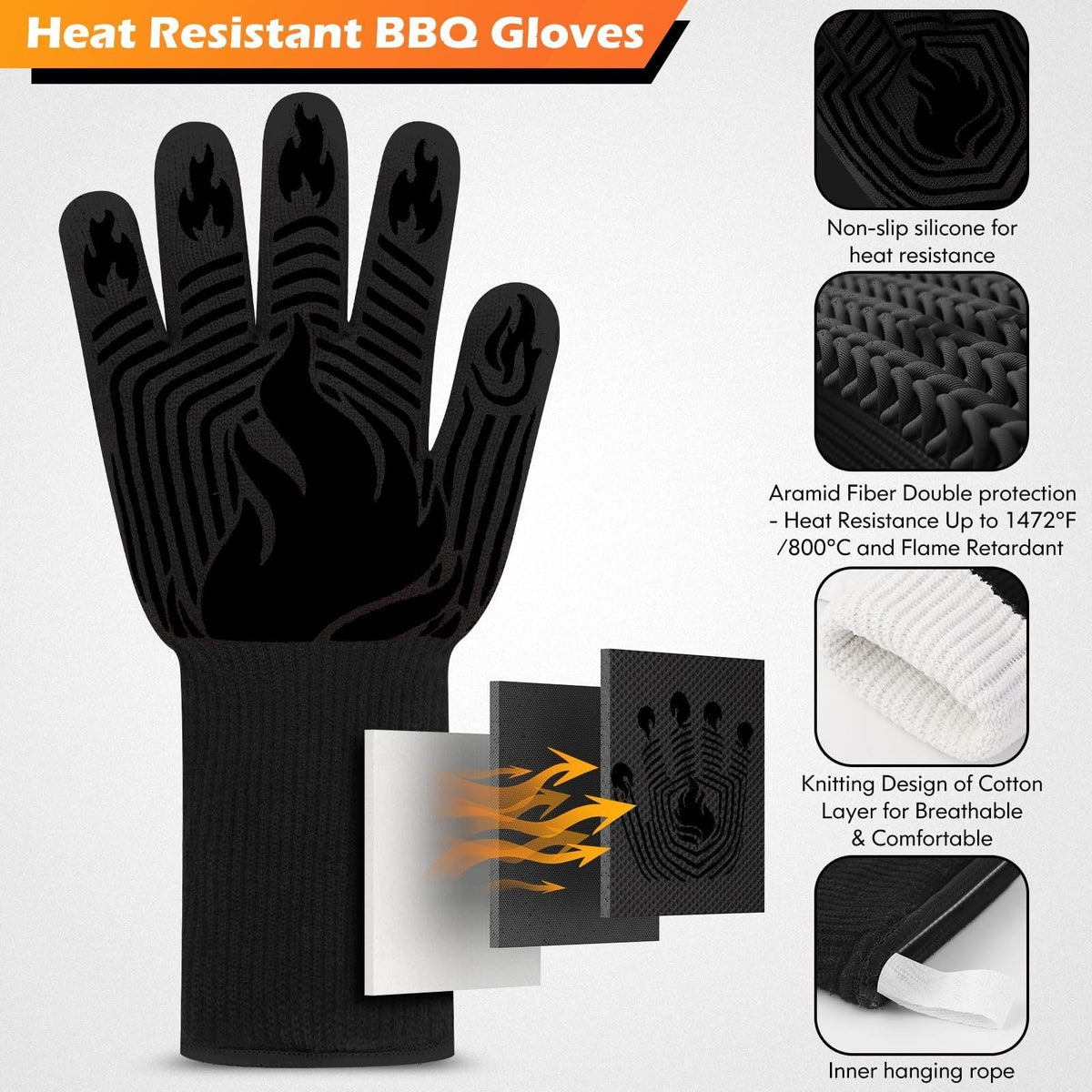 Heat Resistant BBQ Gloves with Silicone Grip - Black, photo 3 of 6