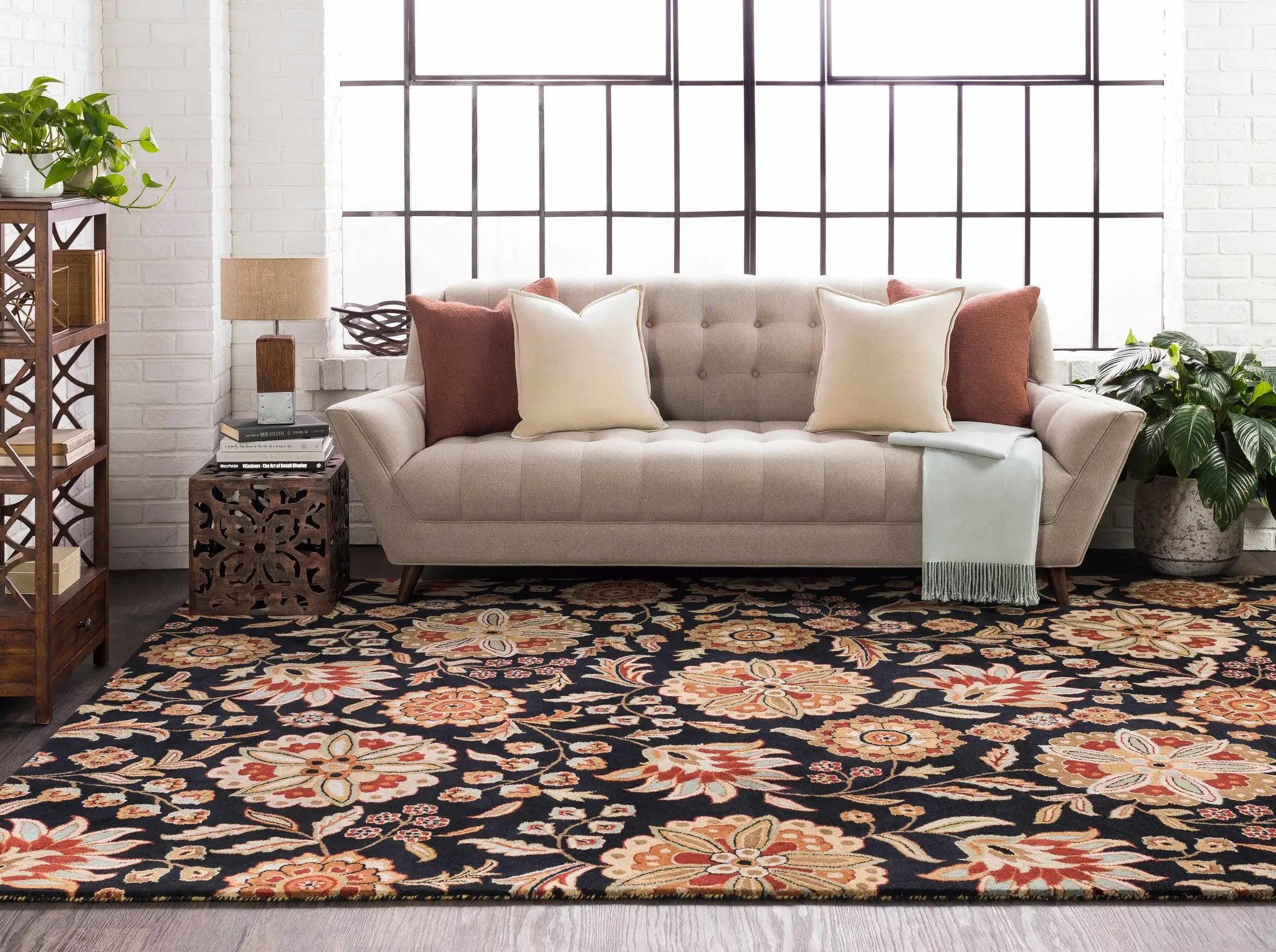 Heaters Black Floral Wool Carpet by Boutique Rugs