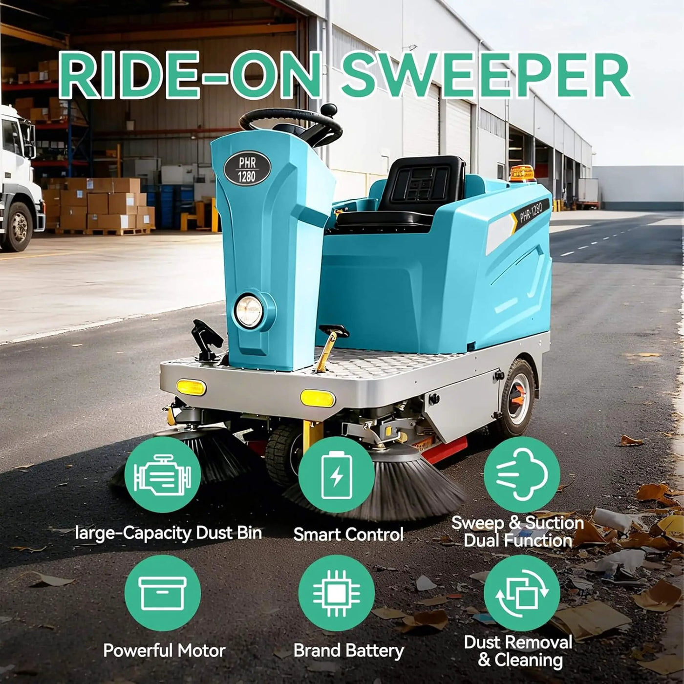 Heavy-Duty 51-Inch Electric Ride-On Floor Industrial Sweeper With Dustbin & Water Tank (SAK69418) by SAKSBY WHOLESALE