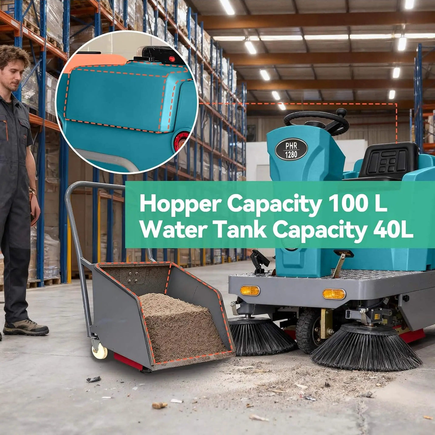 Heavy-Duty 51-Inch Electric Ride-On Floor Industrial Sweeper With Dustbin & Water Tank (SAK69418) by SAKSBY WHOLESALE