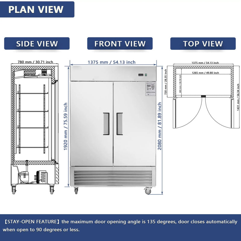 Heavy-Duty 54-Inch Stainless Steel 2-Door Reach-In Upright Commercial Freezer (SAK66598) by SAKSBY WHOLESALE