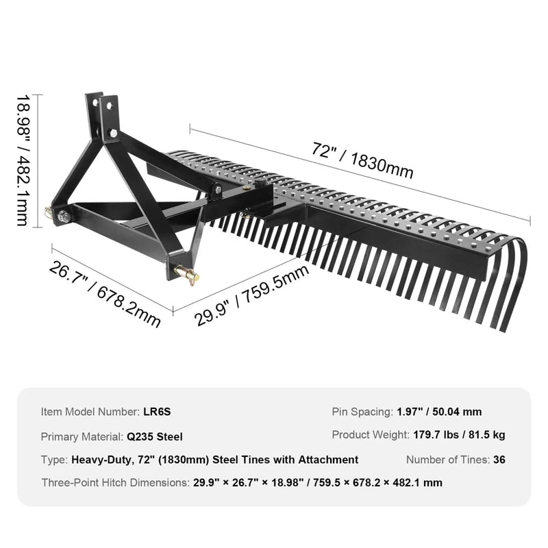 Heavy-Duty 72-Inch 3-Point Tow Behind Tractor Dethatcher Attachment With Steel Tines (SAK79426) by SAKSBY WHOLESALE