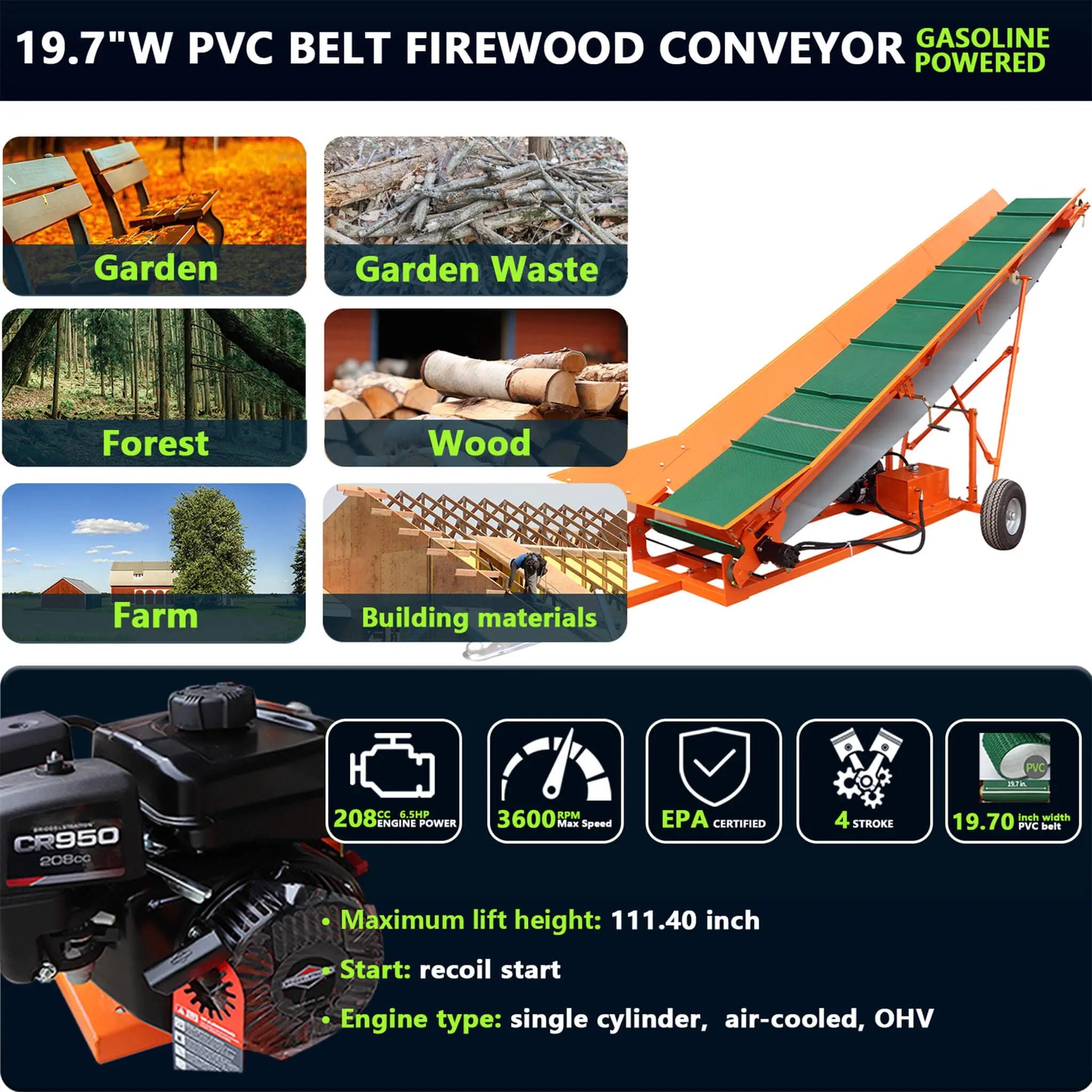 Heavy-Duty Commercial 6.5HP Gasoline Hydraulic High-Speed Wood Conveyor (SAK39524) by SAKSBY WHOLESALE