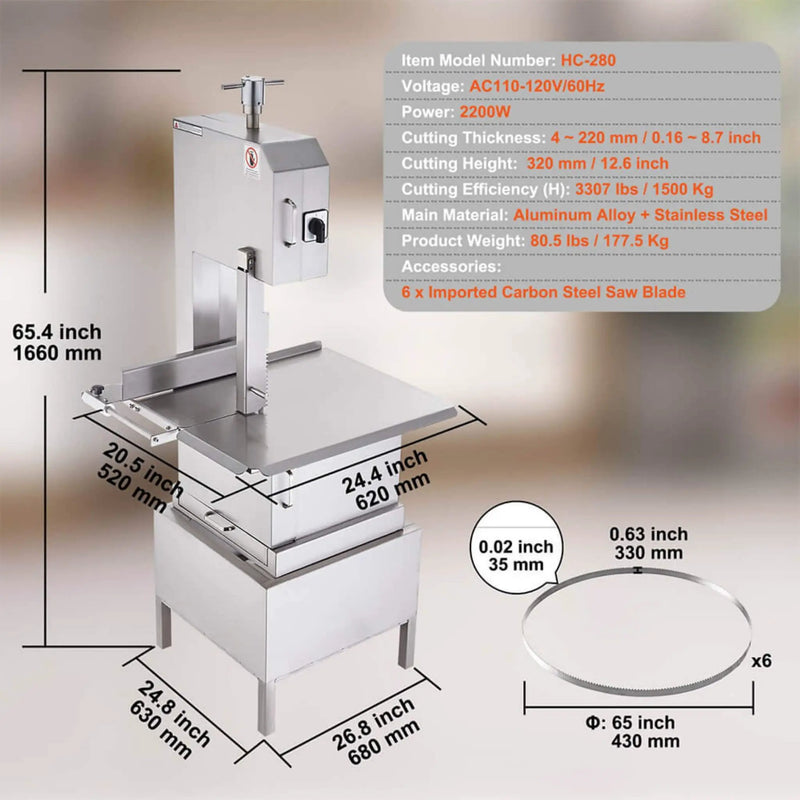 Heavy-Duty Commercial 2200W Electric Meat Bone Saw Cutting Band Machine With 6 Saw Blades (SAK91753) by SAKSBY WHOLESALE