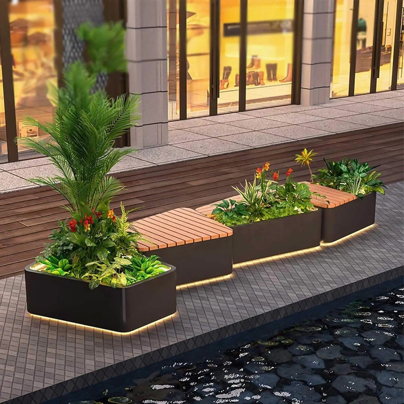 Heavy-Duty Commercial Outdoor Stainless Steel Bench With Wood Seat And Planter Box [Made-To-Order] (SAK41578) by SAKSBY WHOLESALE