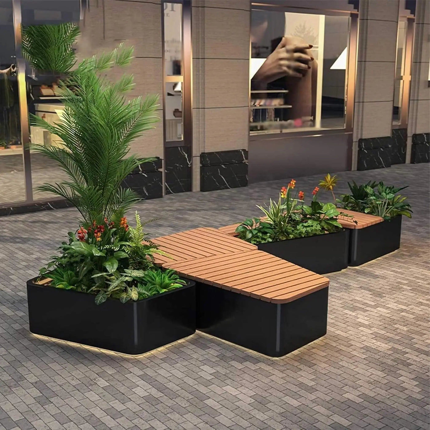 Heavy-Duty Commercial Outdoor Stainless Steel Bench With Wood Seat And Planter Box [Made-To-Order] (SAK41578) by SAKSBY WHOLESALE