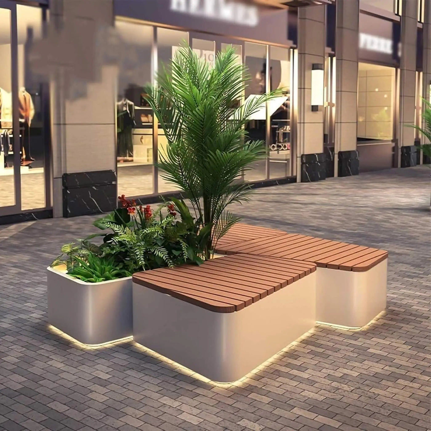 Heavy-Duty Commercial Outdoor Stainless Steel Bench With Wood Seat And Planter Box [Made-To-Order] (SAK41578) by SAKSBY WHOLESALE