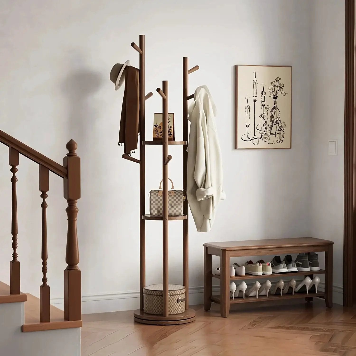 Heavy-Duty Freestanding Clothes Rack with 3-Tier Shelves & 9 Hooks - No Assembly Needed, Space-Saving Organizer Stand for Entryway, Bedroom, Office - Sturdy Hardwood Construction, Modern Minimalist Design for Coats, Hats, Bag by House Of Avana