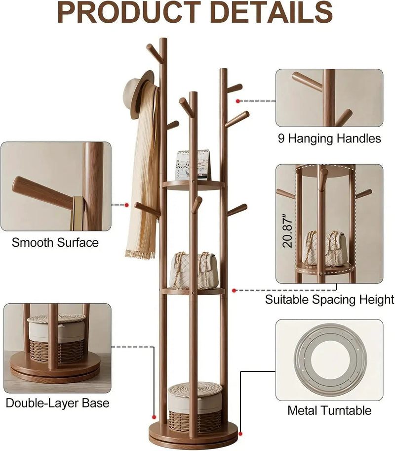 Heavy-Duty Freestanding Clothes Rack with 3-Tier Shelves & 9 Hooks - No Assembly Needed, Space-Saving Organizer Stand for Entryway, Bedroom, Office - Sturdy Hardwood Construction, Modern Minimalist Design for Coats, Hats, Bag by House Of Avana
