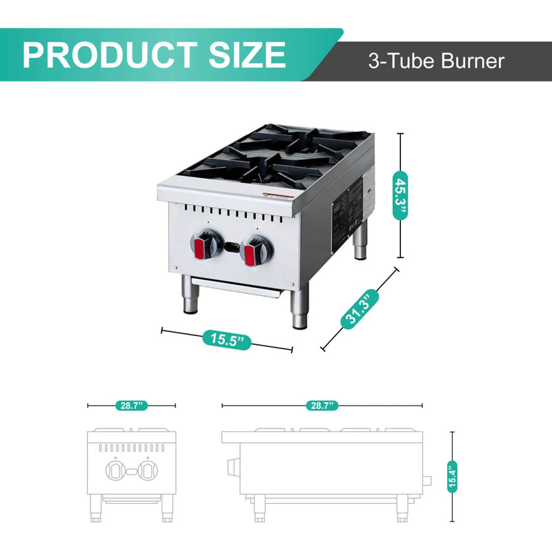 Heavy-Duty Stainless Steel Commercial 2-Burner 50K BTU Countertop Gas Stove Range (SAK29475) by SAKSBY WHOLESALE