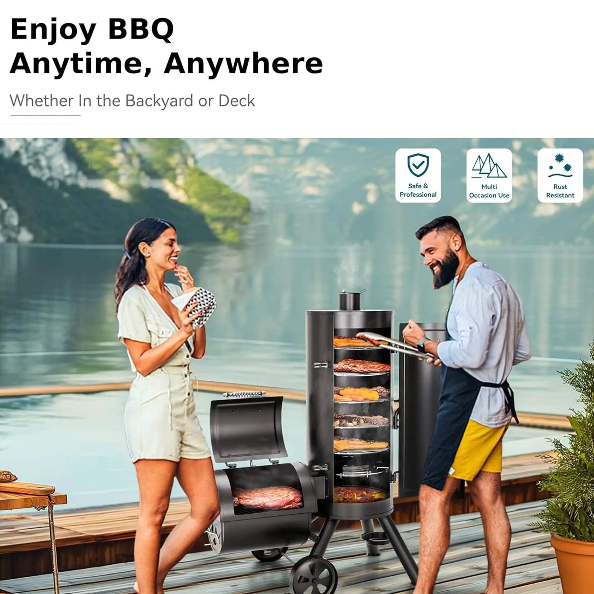 Heavy-Duty Vertical Extra-Large Charcoal Offset BBQ Smoker Grill Combo (SAK80247) by SAKSBY WHOLESALE