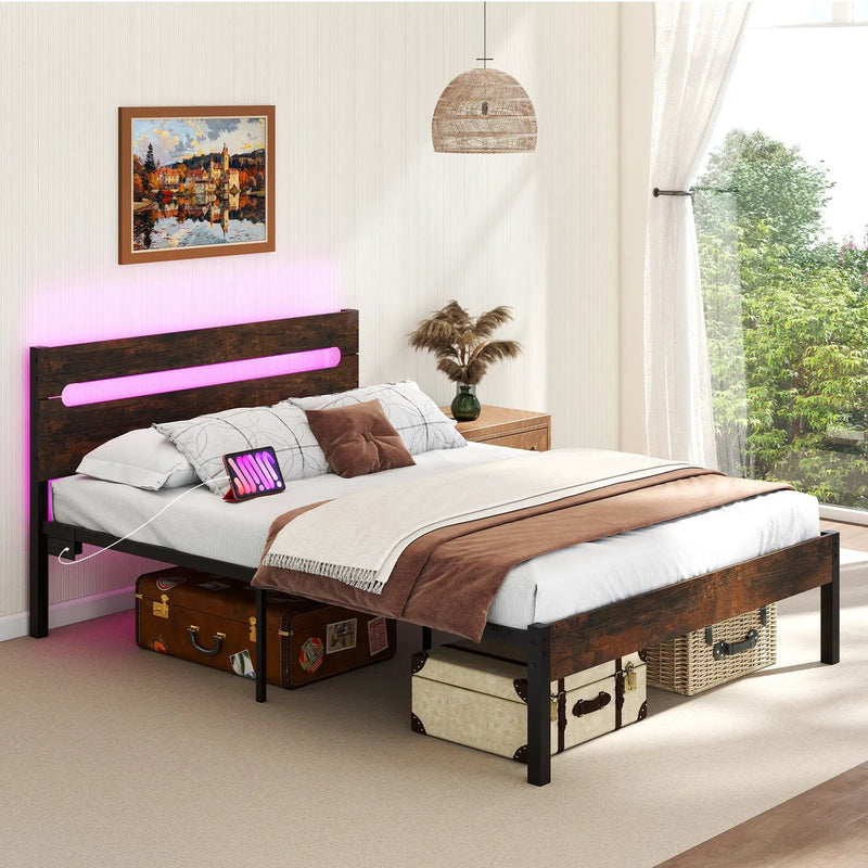 Heavy-Duty Metal Slats Support Bed Platform with Charging Station by DirectDeals