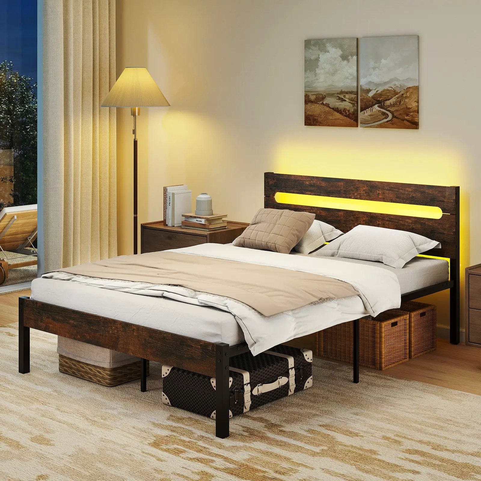 Heavy-Duty Metal Slats Support Bed Platform with Charging Station by DirectDeals
