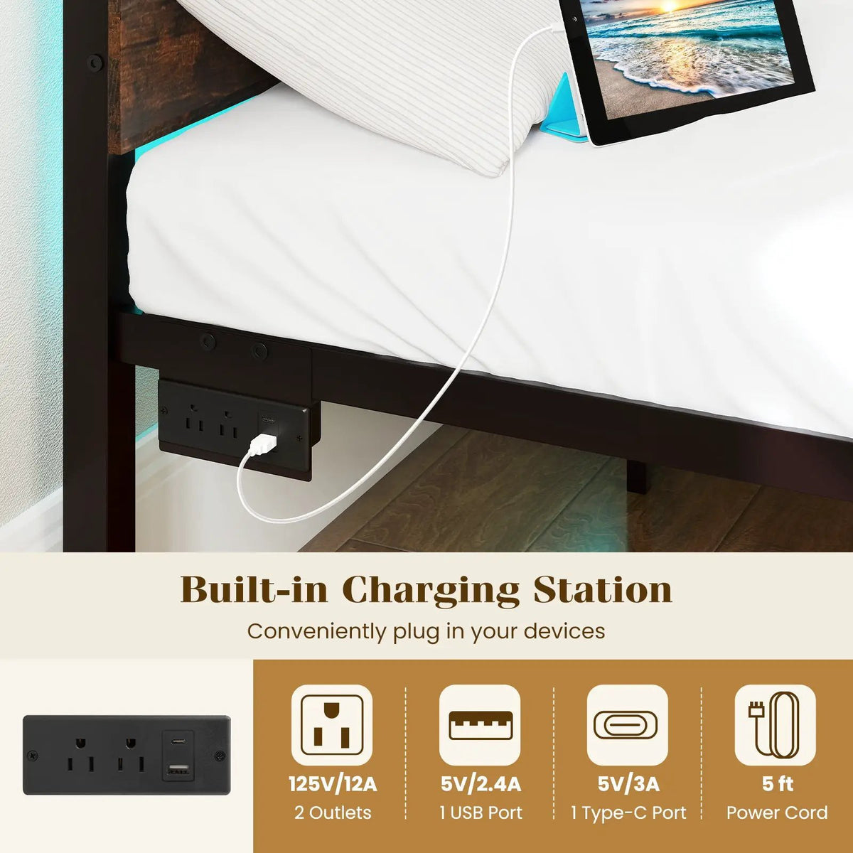 Heavy-Duty Metal Slats Support Bed Platform with Charging Station by DirectDeals
