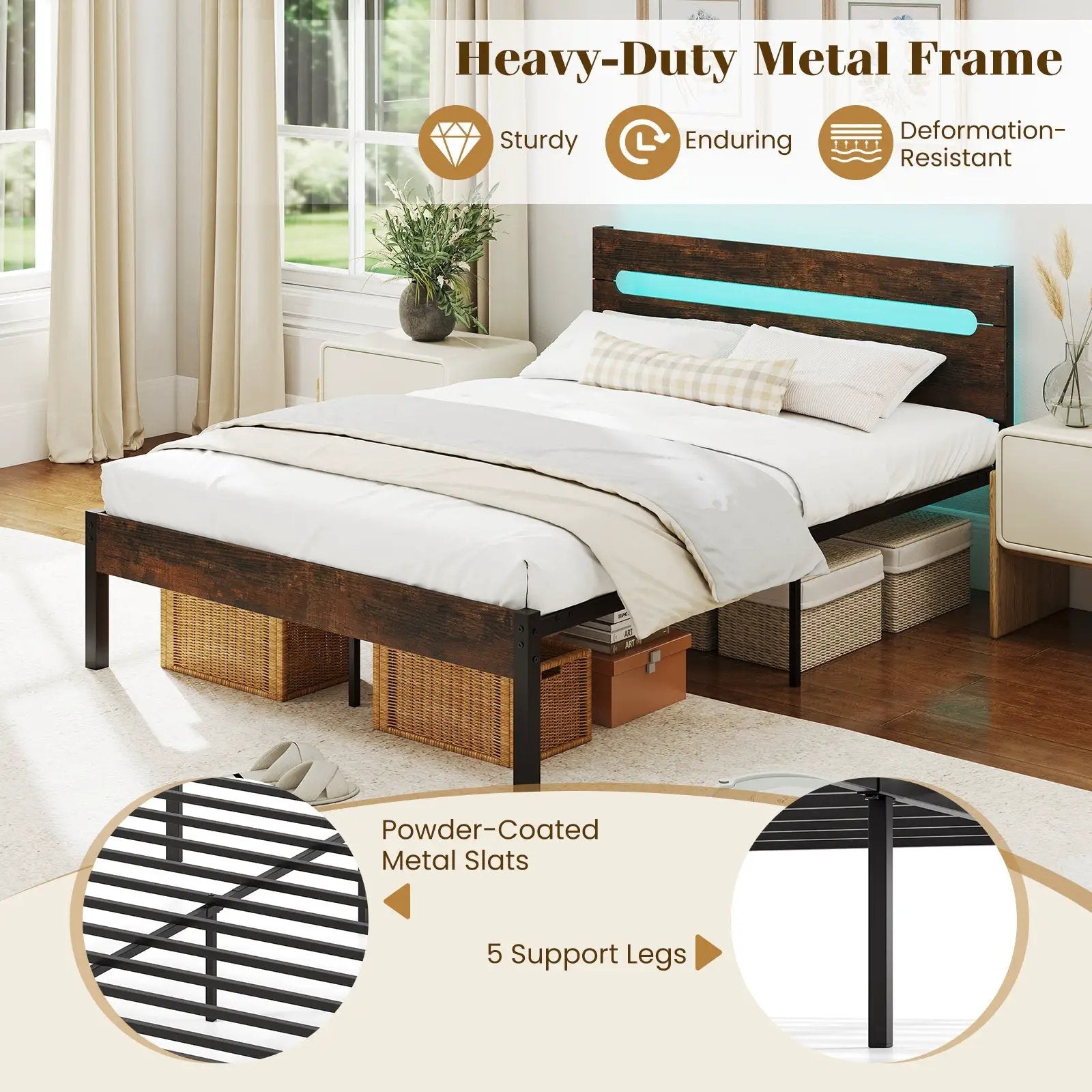Heavy-Duty Metal Slats Support Bed Platform with Charging Station by DirectDeals