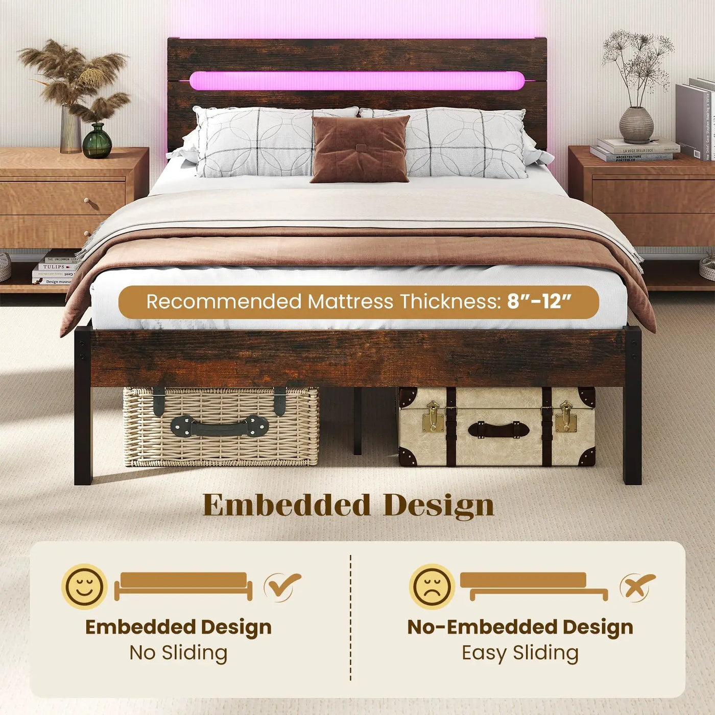 Heavy-Duty Metal Slats Support Bed Platform with Charging Station by DirectDeals
