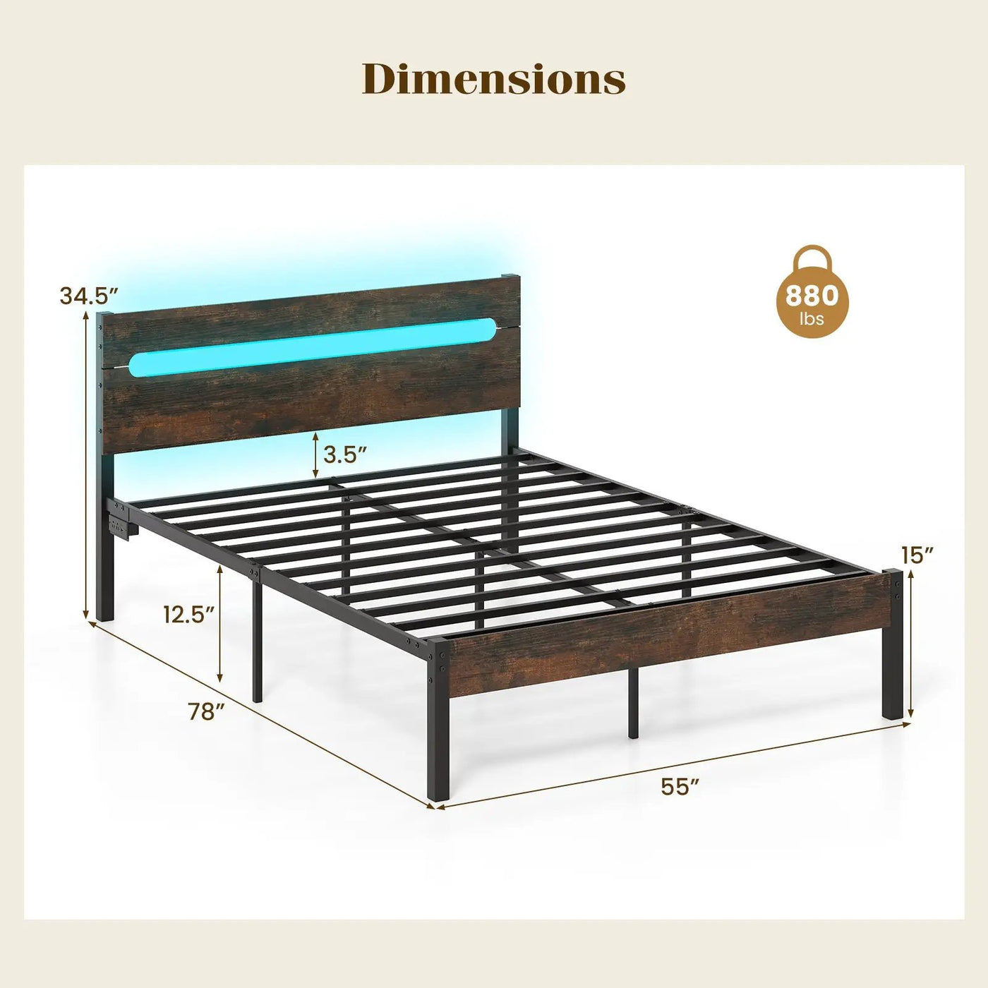 Heavy-Duty Metal Slats Support Bed Platform with Charging Station by DirectDeals