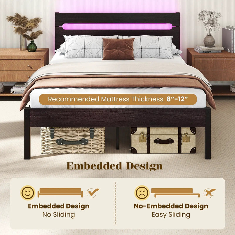 Heavy-Duty Metal Slats Support Bed Platform with Charging Station by DirectDeals