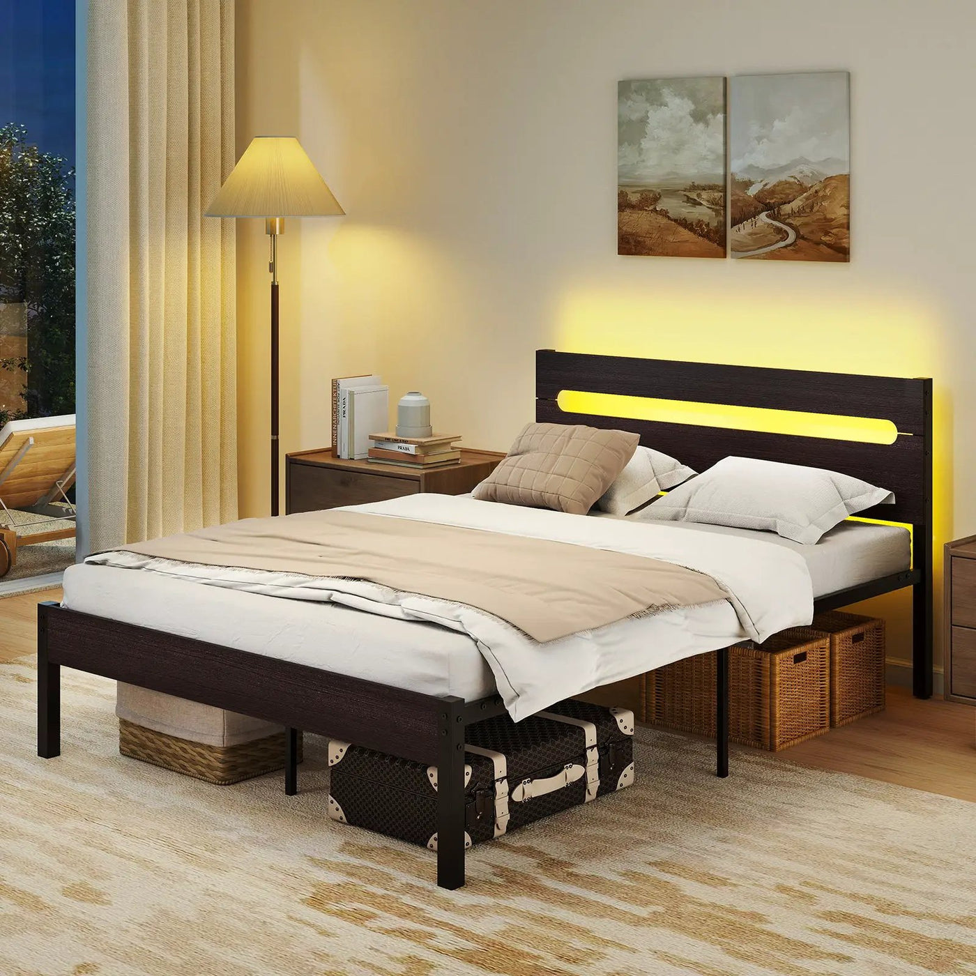 Heavy-Duty Metal Slats Support Bed Platform with Charging Station by DirectDeals