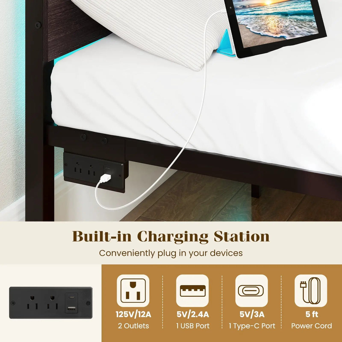 Heavy-Duty Metal Slats Support Bed Platform with Charging Station by DirectDeals