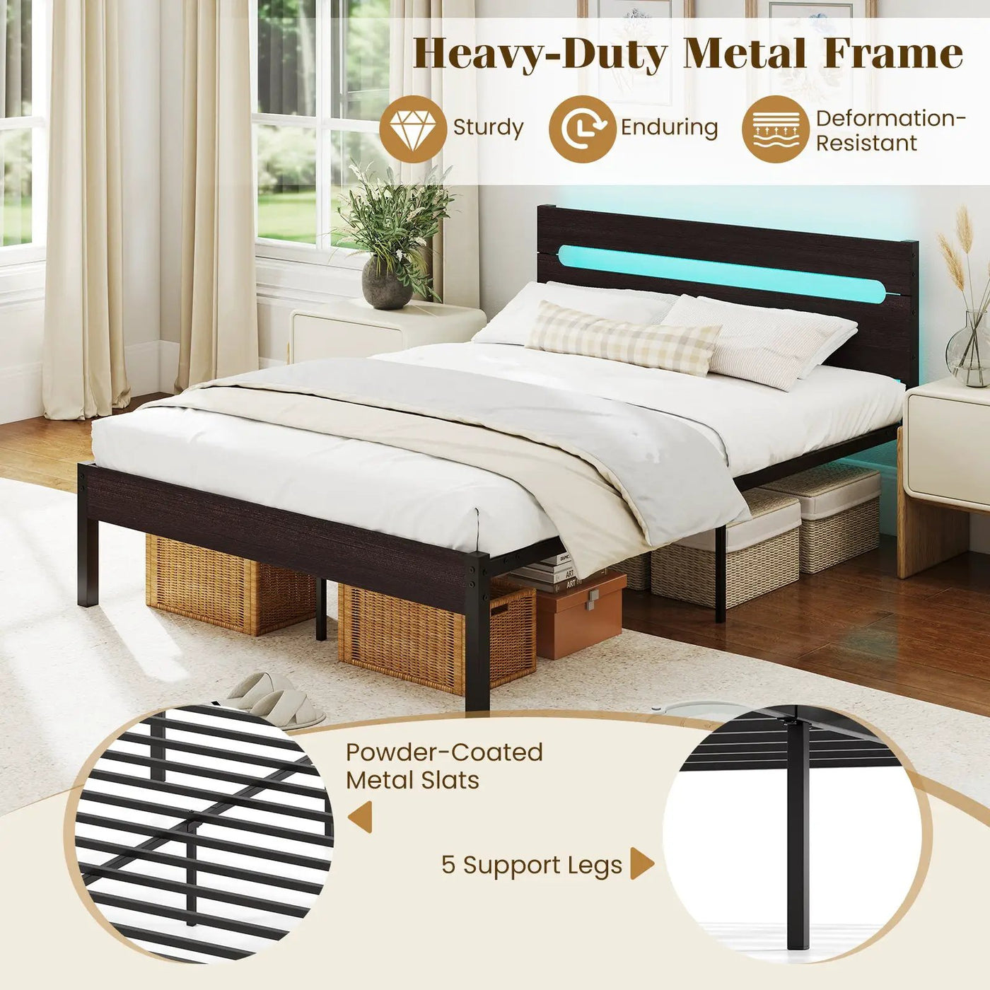 Heavy-Duty Metal Slats Support Bed Platform with Charging Station by DirectDeals