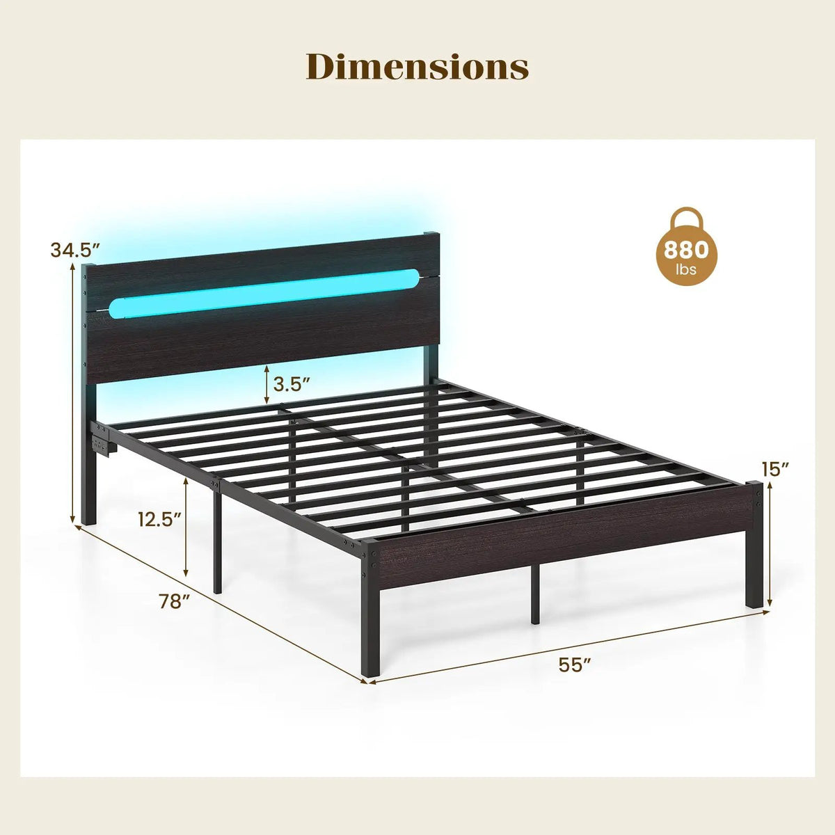 Heavy-Duty Metal Slats Support Bed Platform with Charging Station by DirectDeals