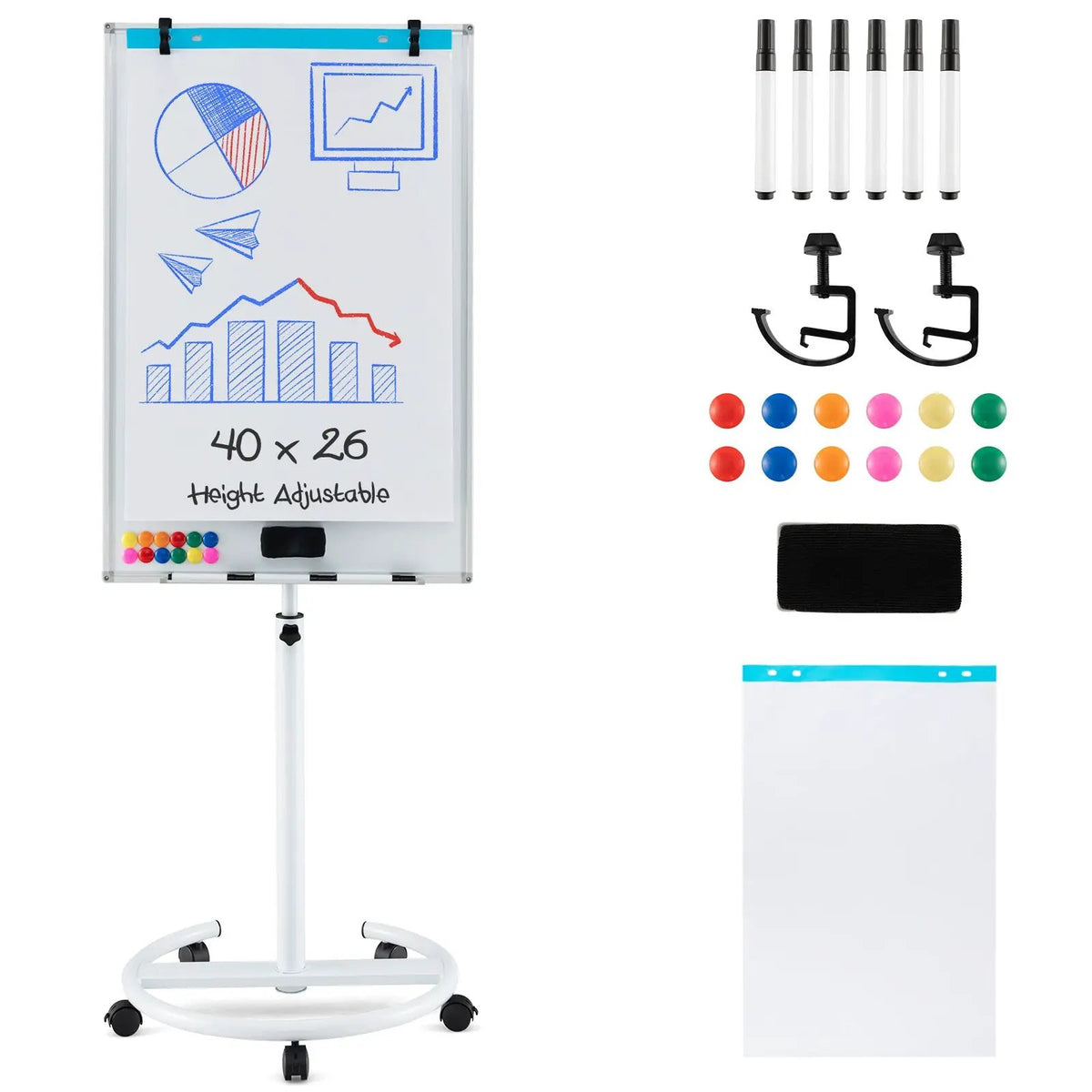 Height-Adjustable Mobile Whiteboard with Round Stand Paper Clips by DirectDeals