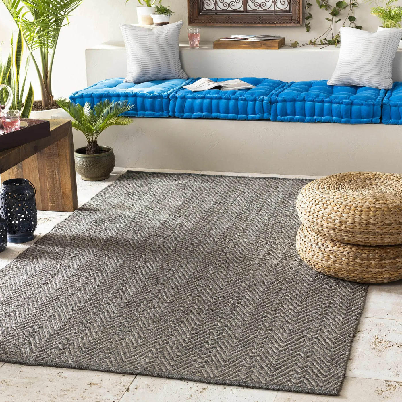 Herlong Charcoal Herringbone Outdoor Rug - Clearance by Boutique Rugs