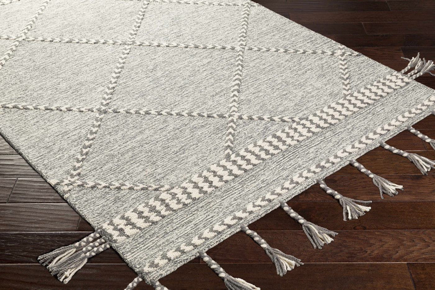 Hertfordshire Gray Trellis Tassel Wool Rug - Clearance by Boutique Rugs