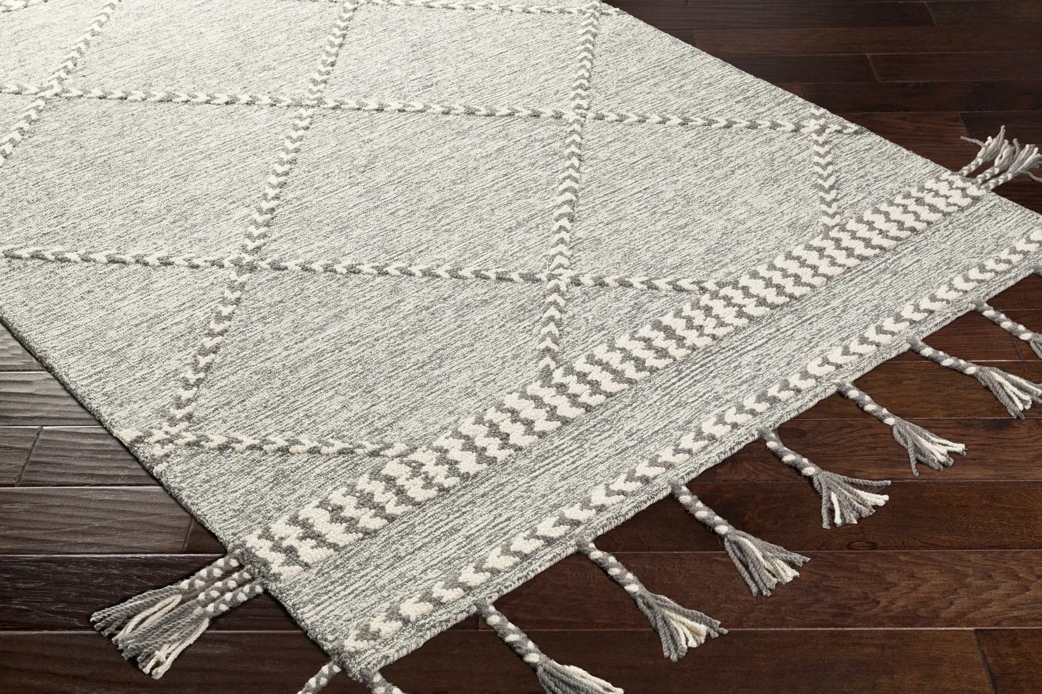 Hertfordshire Gray Trellis Tassel Wool Rug - Clearance by Boutique Rugs