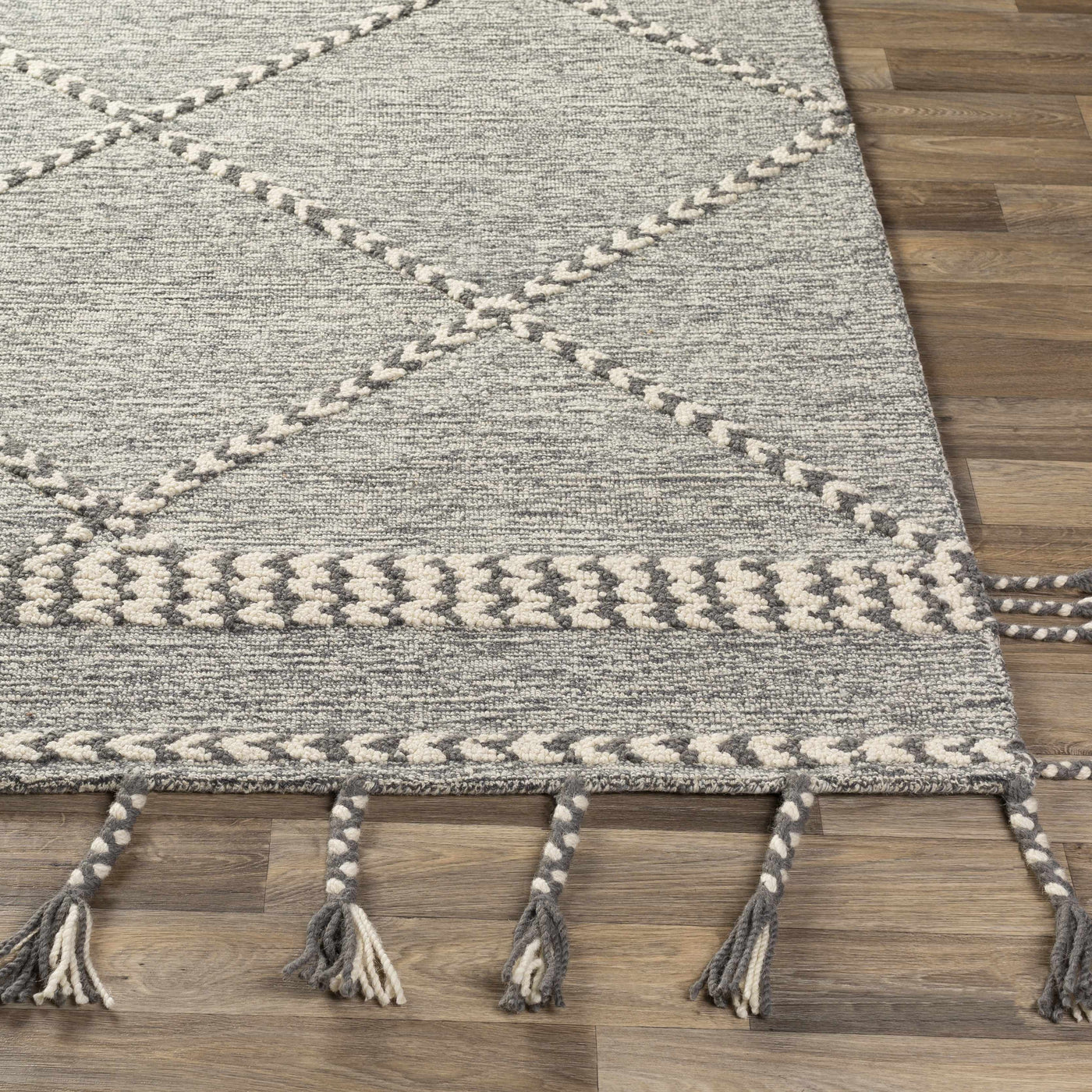 Hertfordshire Gray Trellis Tassel Wool Rug - Clearance by Boutique Rugs