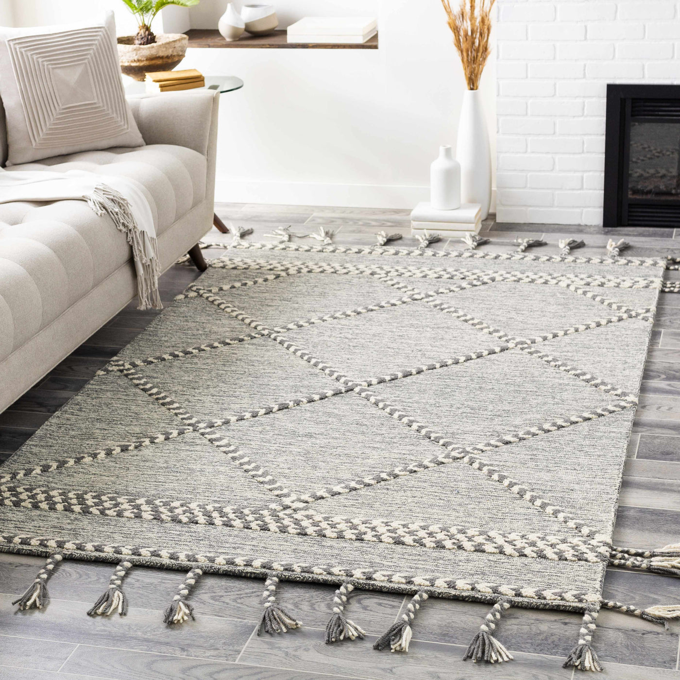 Hertfordshire Gray Trellis Tassel Wool Rug - Clearance by Boutique Rugs