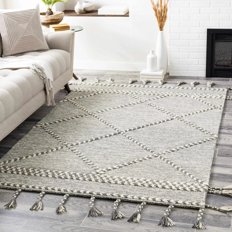 Hertfordshire Gray Trellis Tassel Wool Rug - Clearance by Boutique Rugs